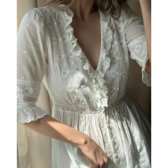 DOEN Rosabella Embroidered Midi Dress bow lace salt white size XS - Picture 2 of 16